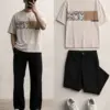Short-Sleeve Graphic Chest Block T-Shirt with Relaxed Dark Trousers Set