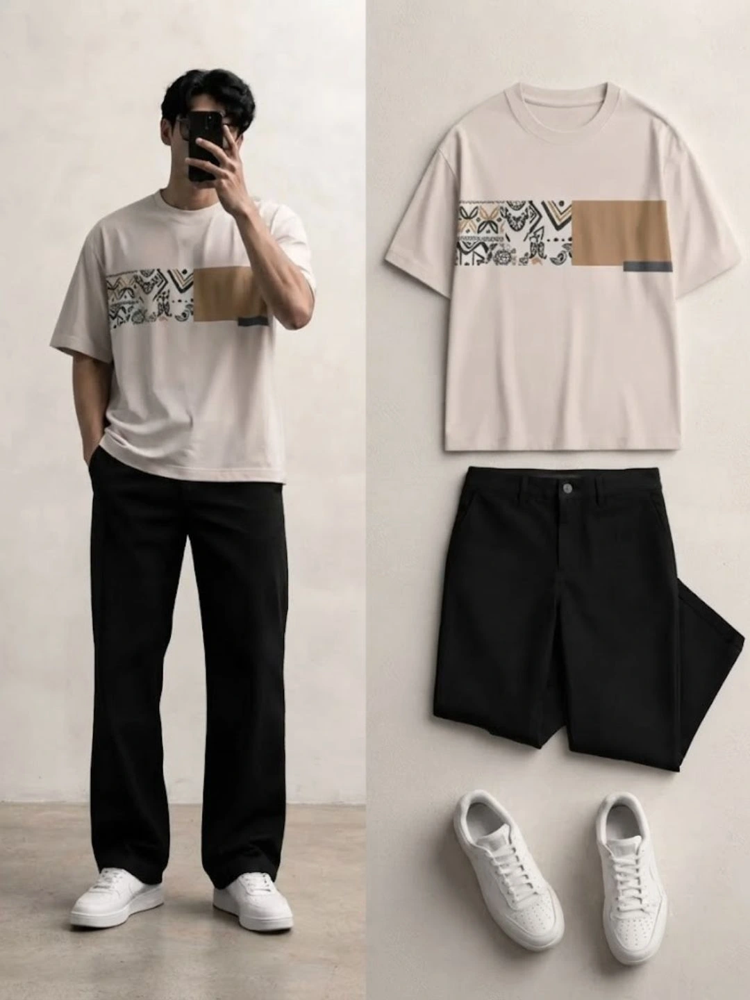 Short-Sleeve Graphic Chest Block T-Shirt with Relaxed Dark Trousers Set