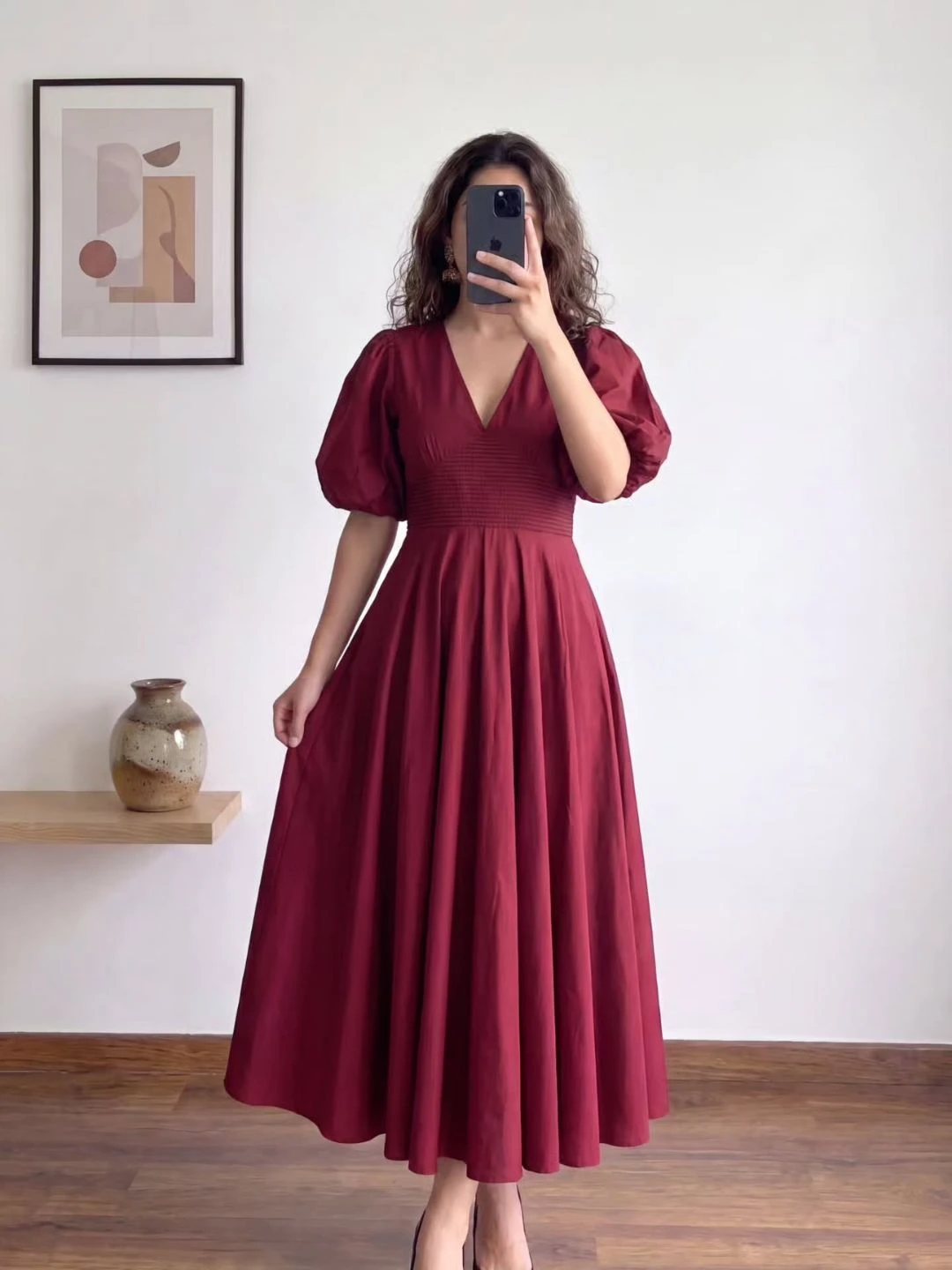 Women Short Puff-Sleeve V-Neck Flared Maxi Dress - Image 4