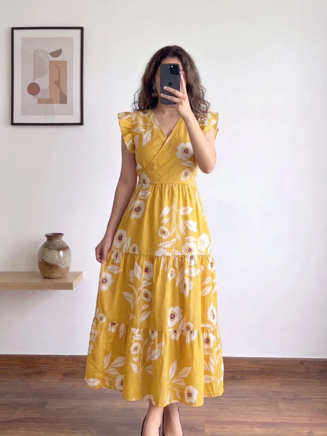 Women Short Puff-Sleeve V-Neck Flared Maxi Dress - Image 3