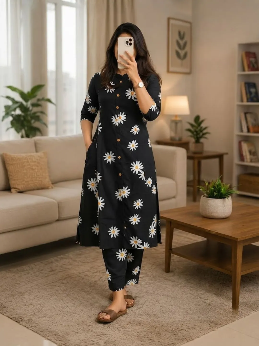 Women Three-Quarter Sleeve Straight Kurta with Printed Palazzos Set - Image 3