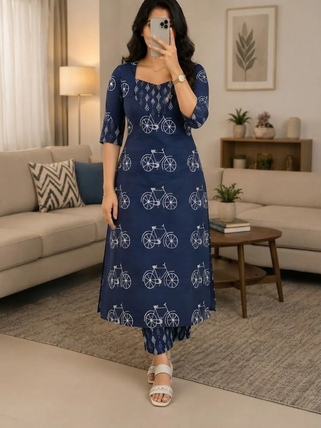 Women Three-Quarter Sleeve Straight Kurta with Printed Palazzos Set