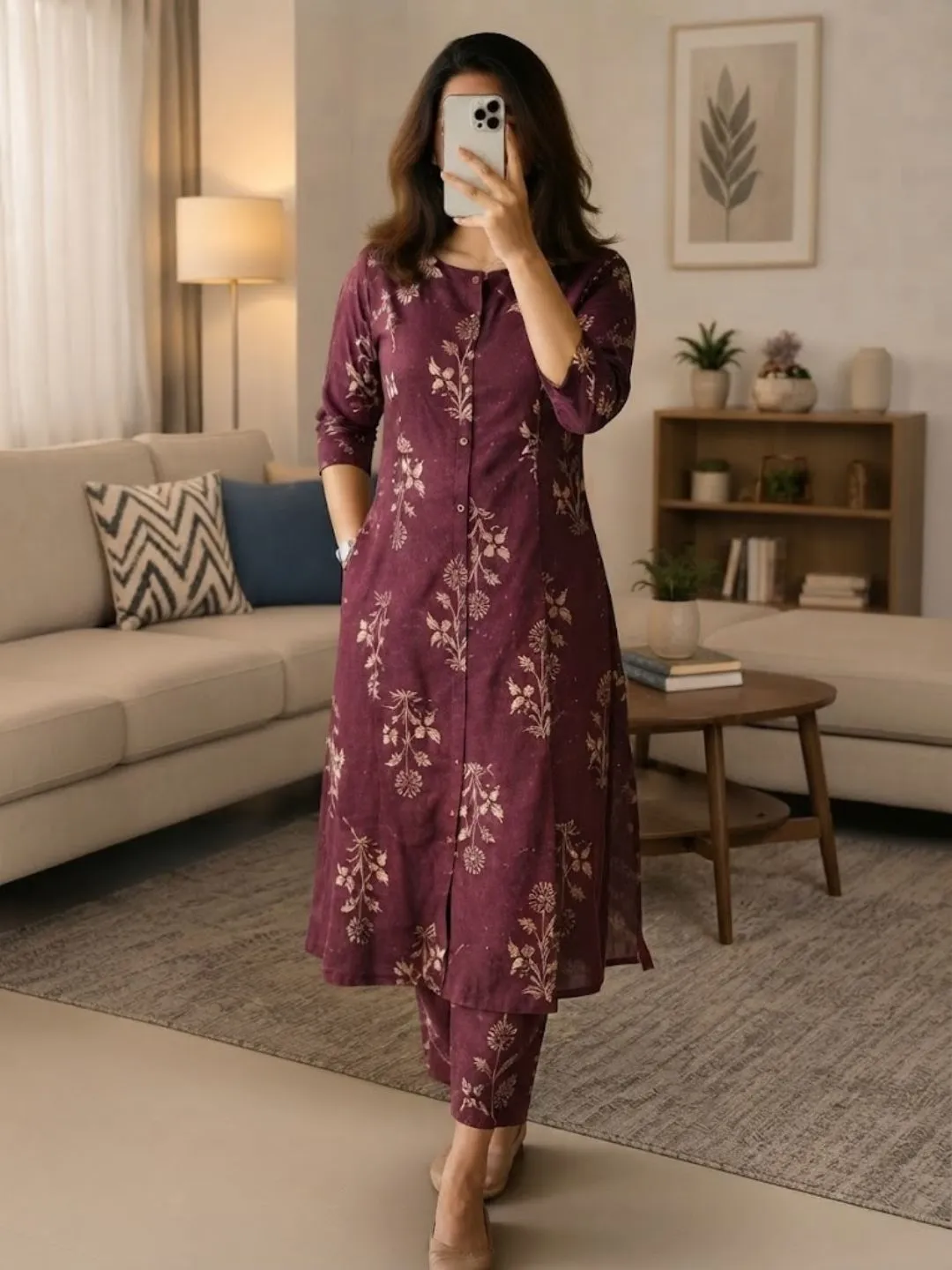 Women Three-Quarter Sleeve Straight Kurta with Printed Palazzos Set - Image 2