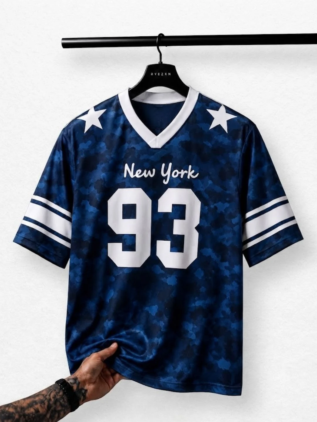 Men Short-Sleeve V-Neck Sports Jersey with Graphic Chest Print and Stripe Accents - Image 2