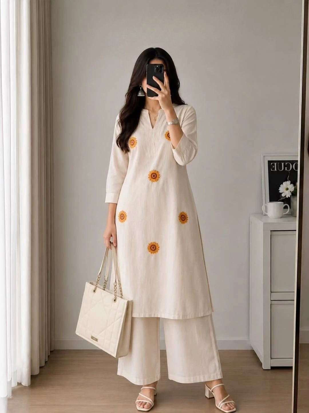 Women Three-Quarter Sleeve Straight Kurta with Matching Floral Palazzo Pants Set - Image 5