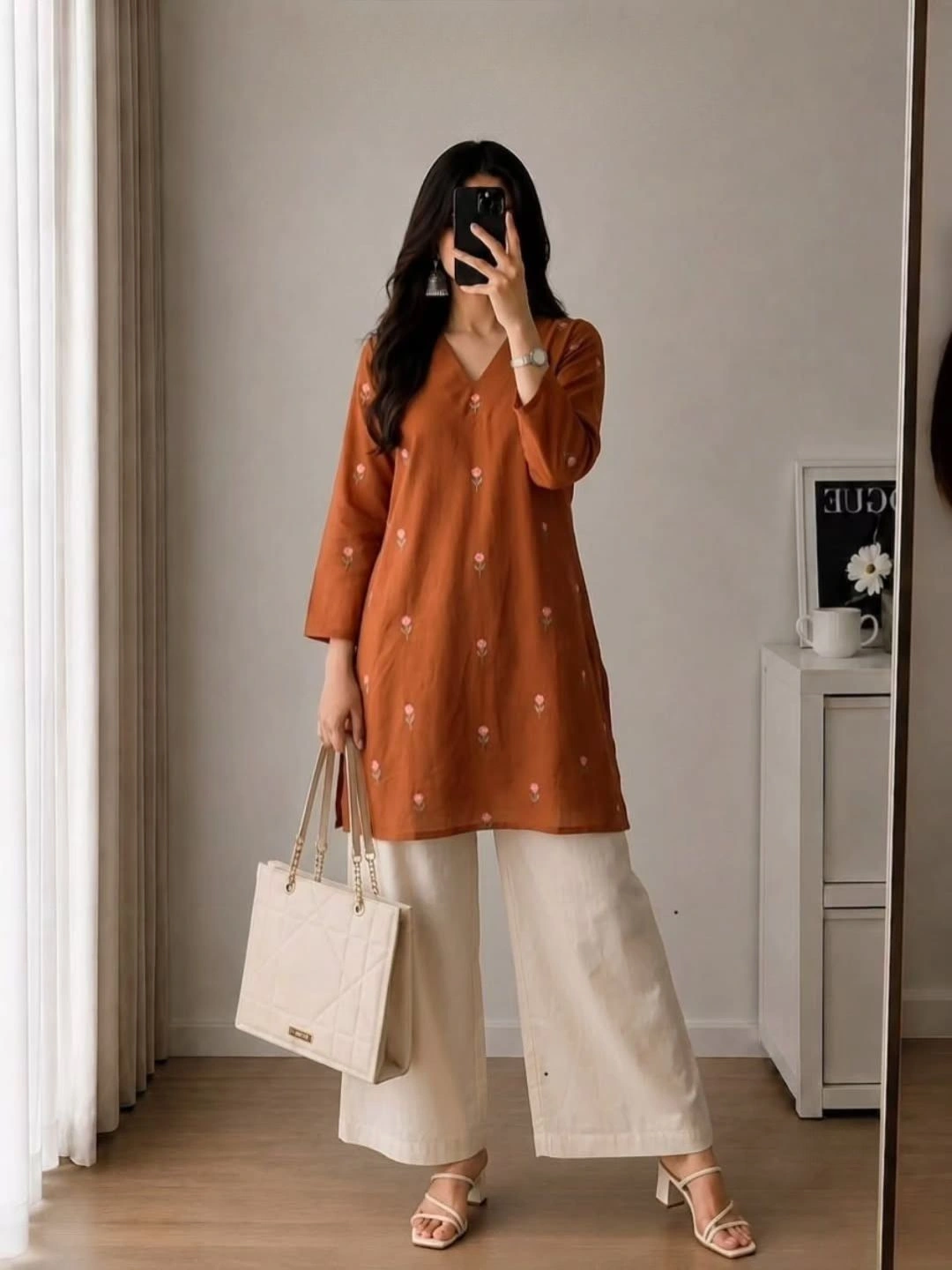 Women Three-Quarter Sleeve Straight Kurta with Matching Floral Palazzo Pants Set - Image 2