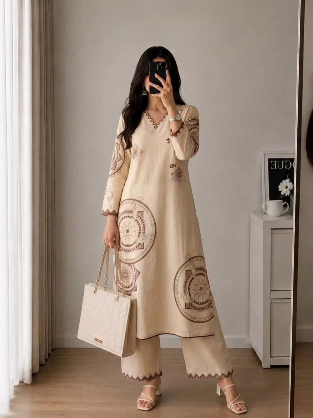 Women Three-Quarter Sleeve Straight Kurta with Matching Floral Palazzo Pants Set - Image 3