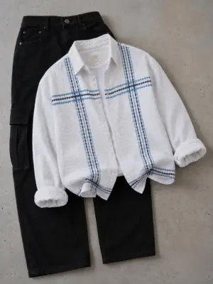 Men Long-Sleeve Patterned Button-Down Overshirt with Inner Tee and Cargo Pants Combo