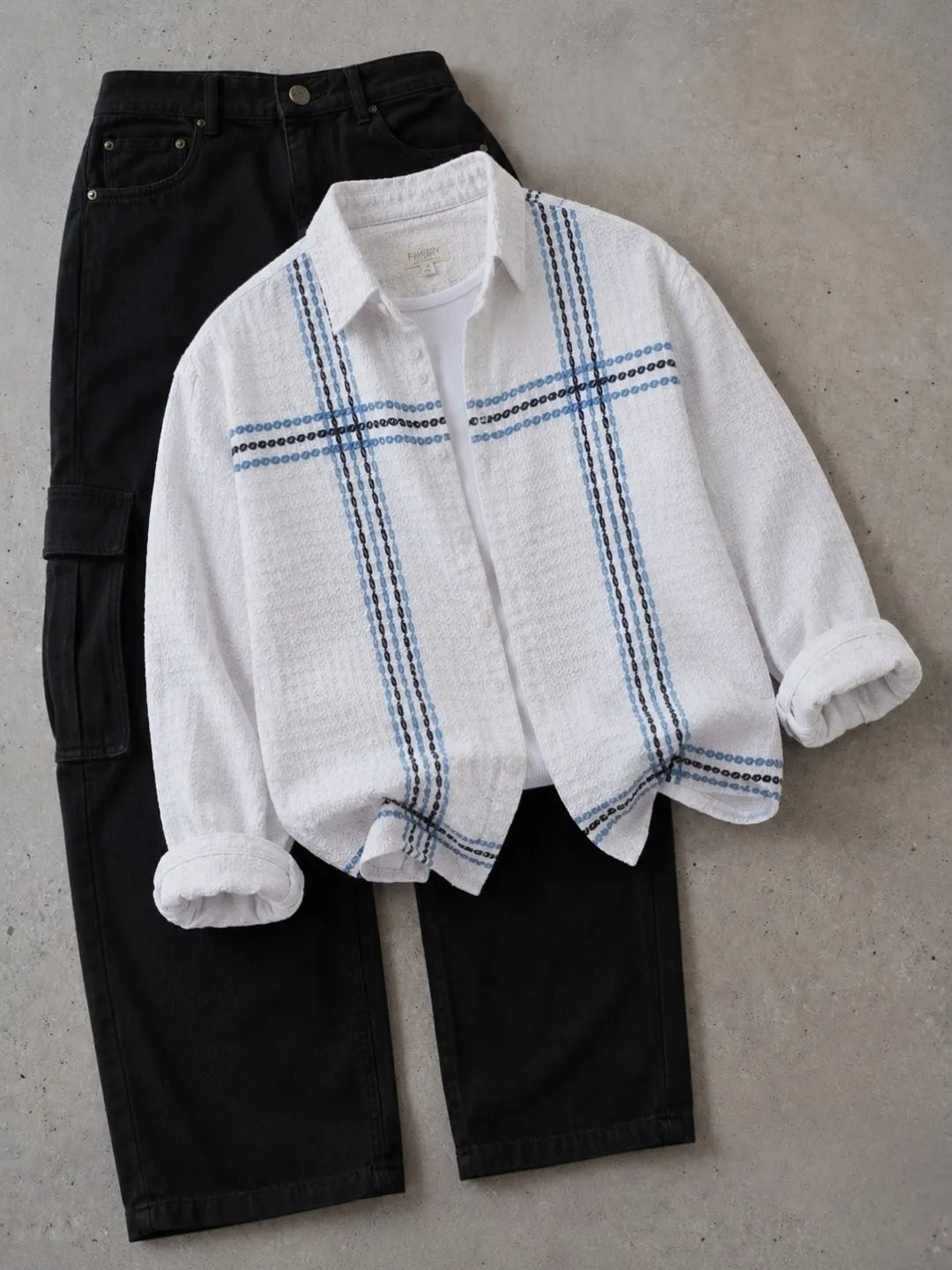 Men Long-Sleeve Patterned Button-Down Overshirt with Inner Tee and Cargo Pants Combo
