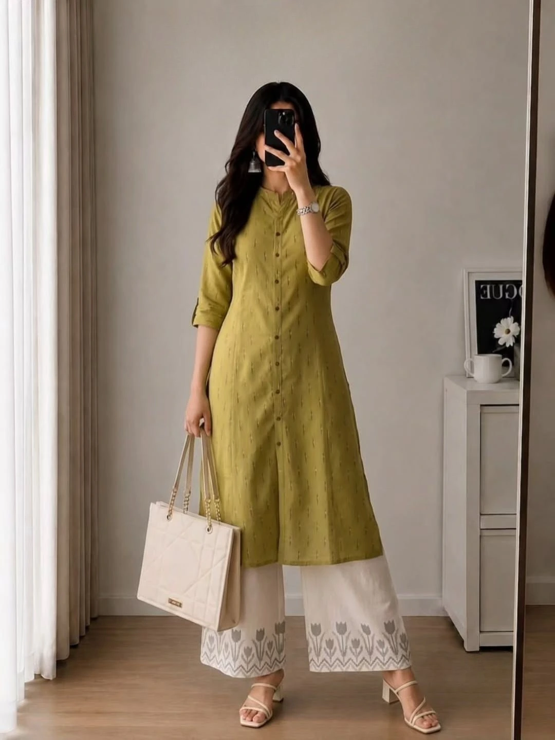 Women Three-Quarter Sleeve Straight Kurta with Matching Floral Palazzo Pants Set - Image 4