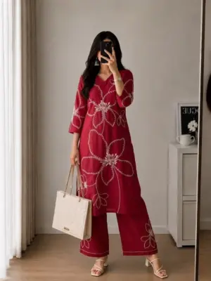 Women Three-Quarter Sleeve Straight Kurta with Matching Floral Palazzo Pants Set