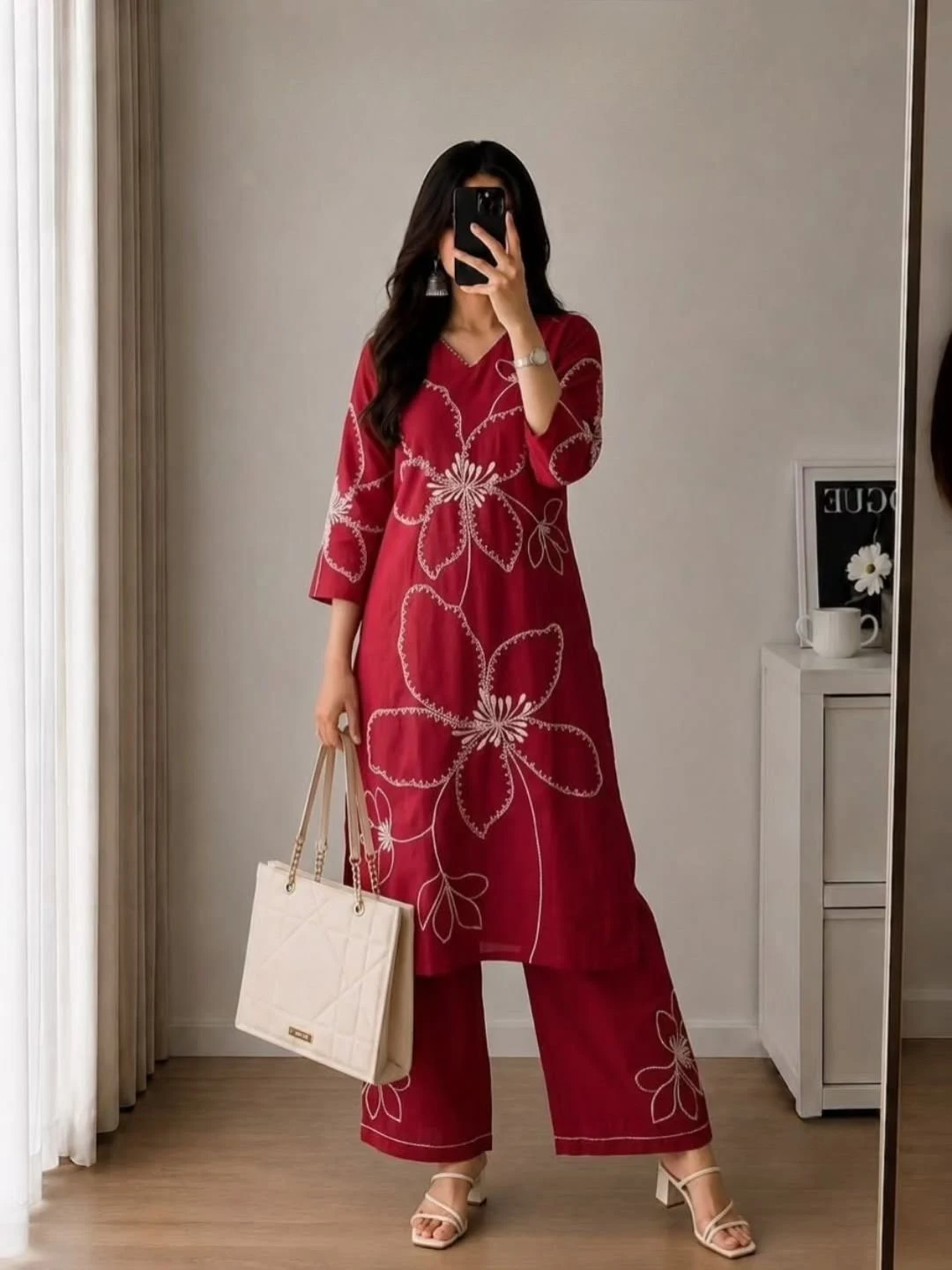 Women Three-Quarter Sleeve Straight Kurta with Matching Floral Palazzo Pants Set