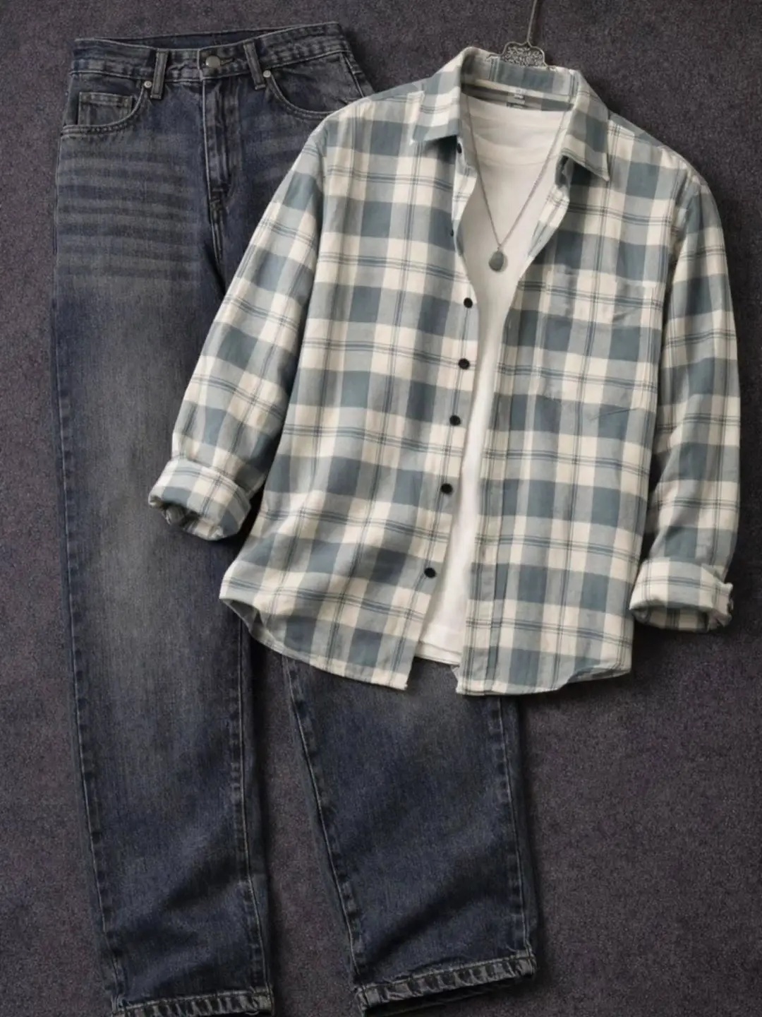 Men Long-Sleeve Plaid Flannel Button-Down Shirt with Casual Neutral Trousers Combo - Image 2