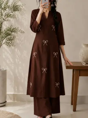 Three-Quarter Sleeve Embroidered Bow Motif Kurta with Matching Palazzo Trousers Set