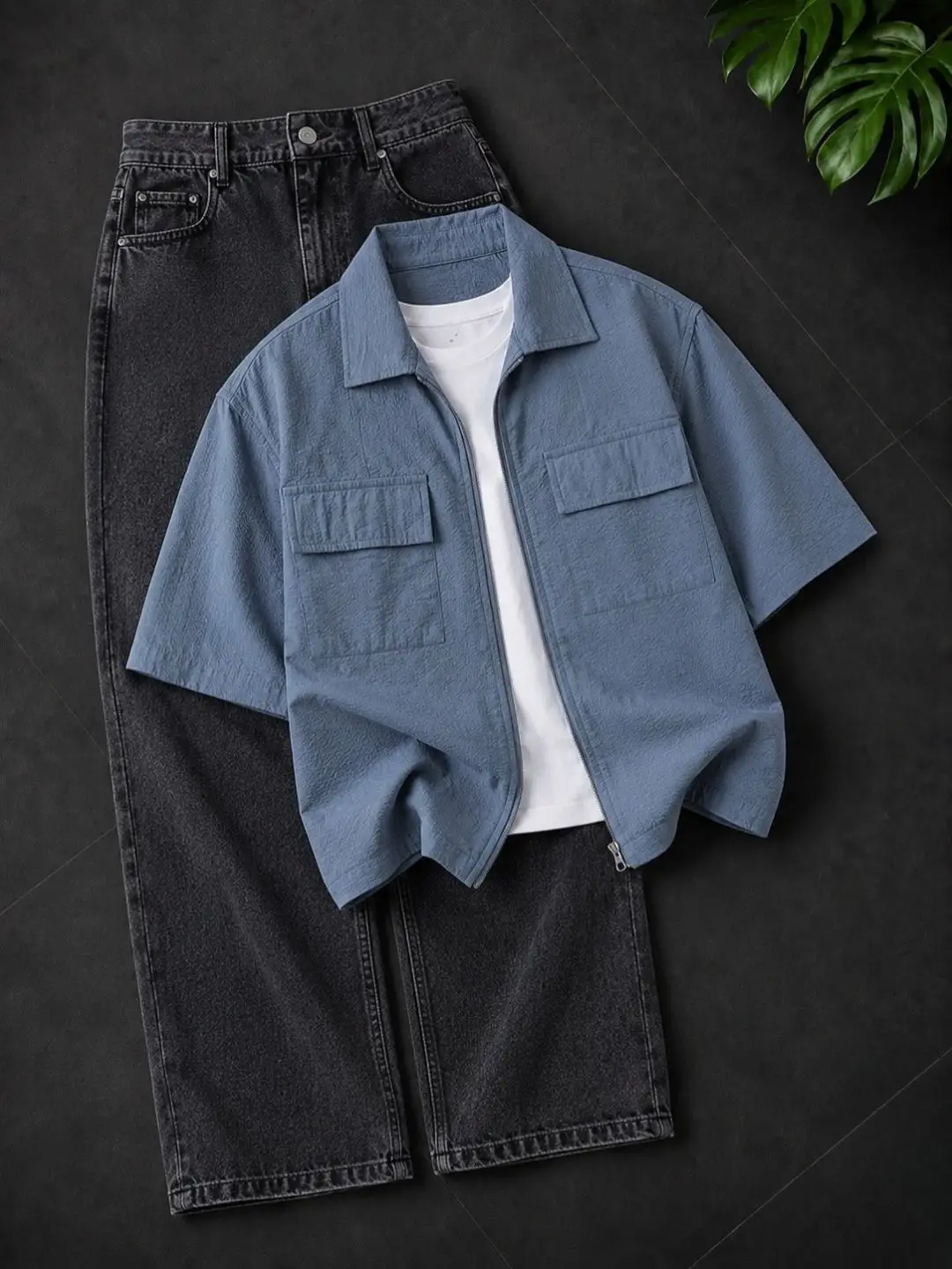 Short-Sleeve Dark Wash Denim Shirt, White Inner Tee, and Off-White Trousers - Image 3