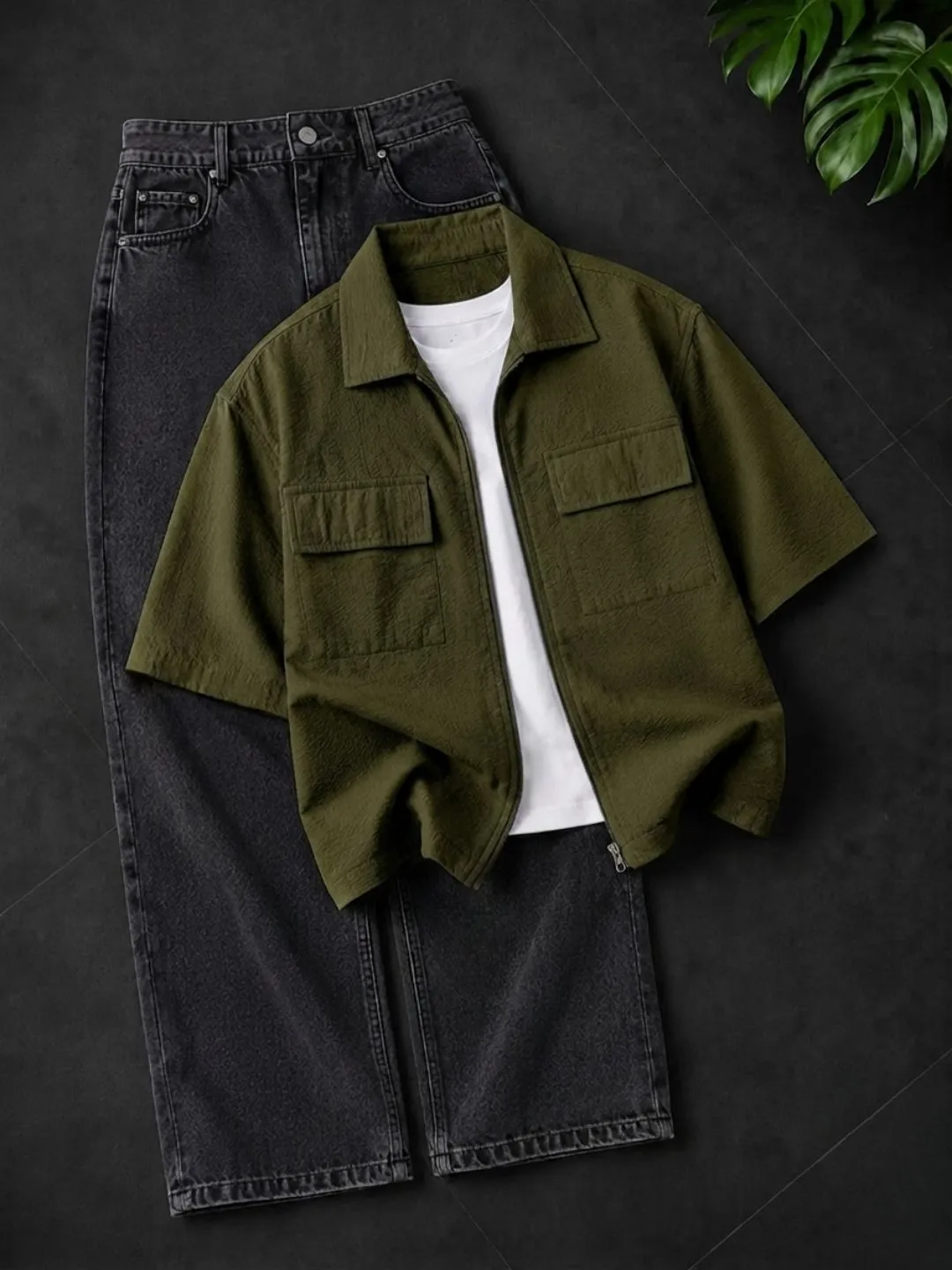 Short-Sleeve Dark Wash Denim Shirt, White Inner Tee, and Off-White Trousers - Image 4