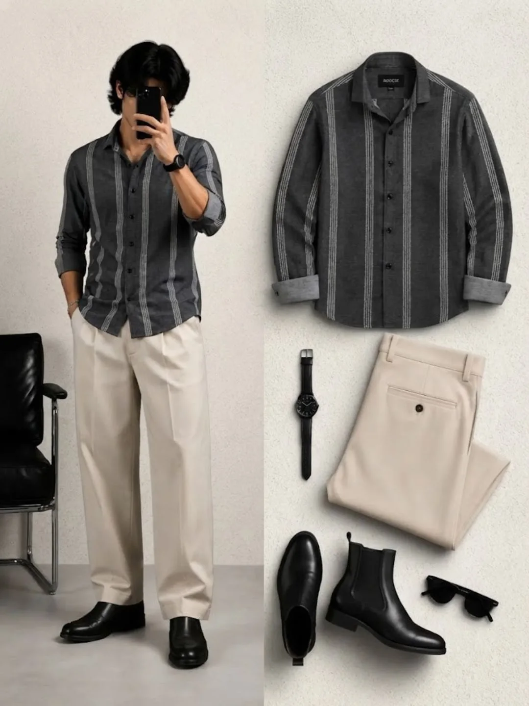 Navy Vertical Striped Long-Sleeve Shirt with Matching Black Trousers - Image 2