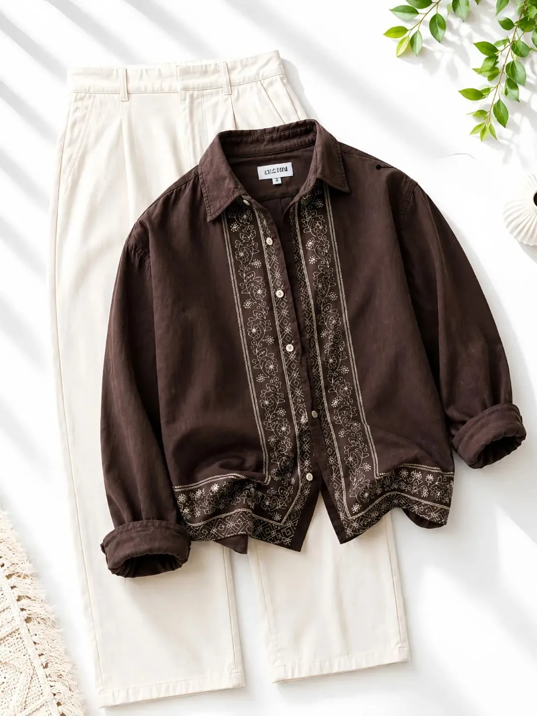Brown Long-Sleeve Shirt with Embroidery and Off-White Trousers Combo