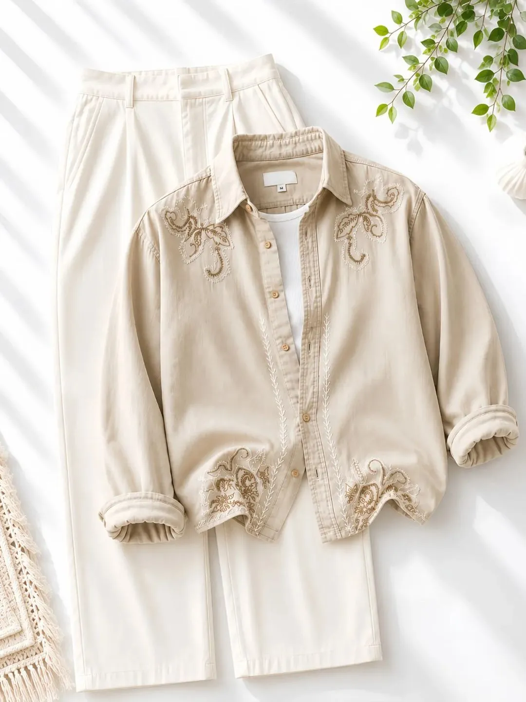Brown Long-Sleeve Shirt with Embroidery and Off-White Trousers Combo - Image 2