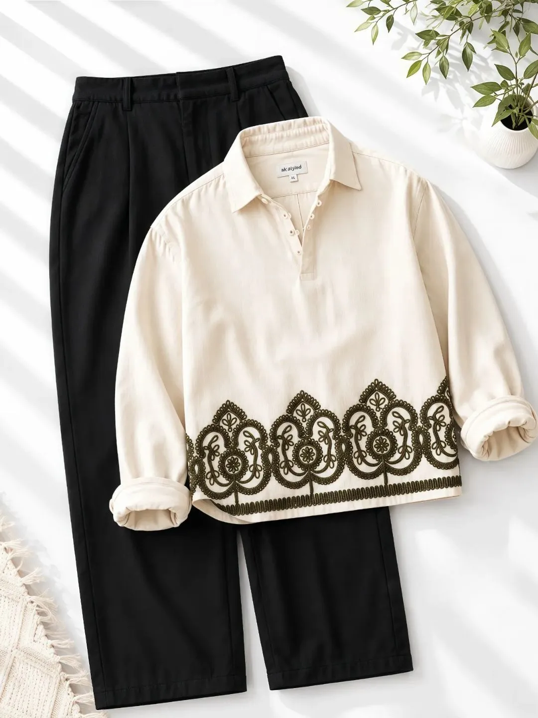 Brown Long-Sleeve Shirt with Embroidery and Off-White Trousers Combo - Image 3