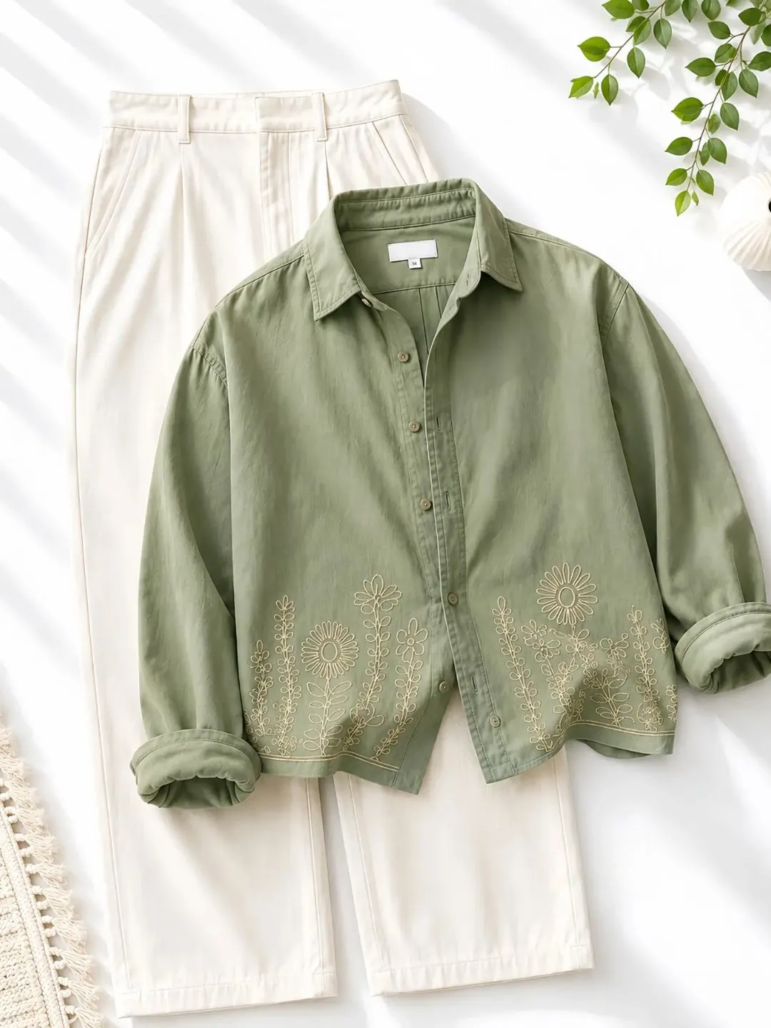 Brown Long-Sleeve Shirt with Embroidery and Off-White Trousers Combo - Image 4