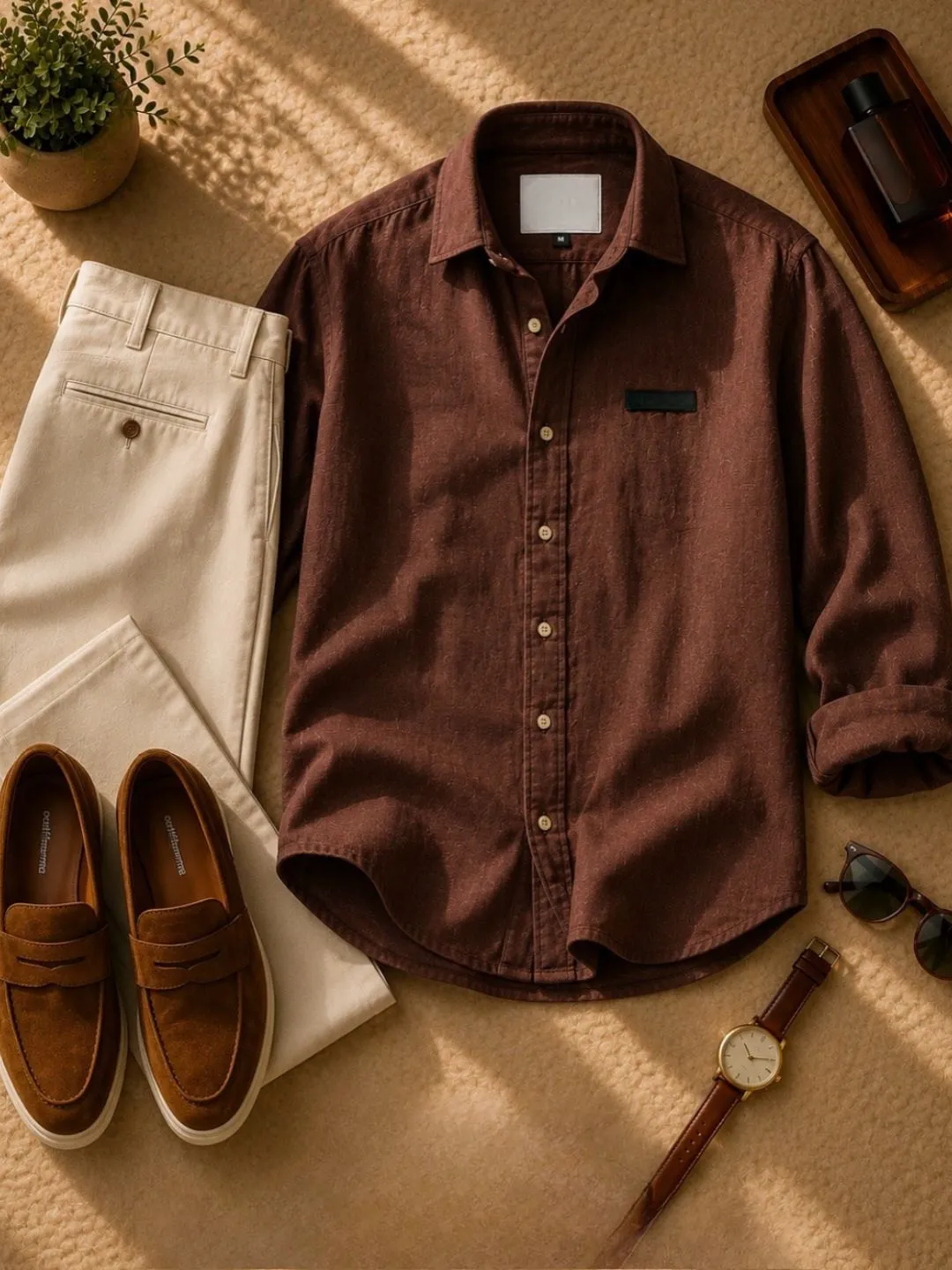 Men Olive Green Full-Sleeve Casual Shirt with Off-White Jeans and Brown Loafers Combo - Image 2