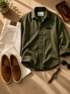 Men Olive Green Full-Sleeve Casual Shirt with Off-White Jeans and Brown Loafers Combo