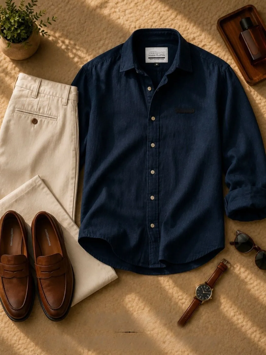 Men Olive Green Full-Sleeve Casual Shirt with Off-White Jeans and Brown Loafers Combo - Image 3