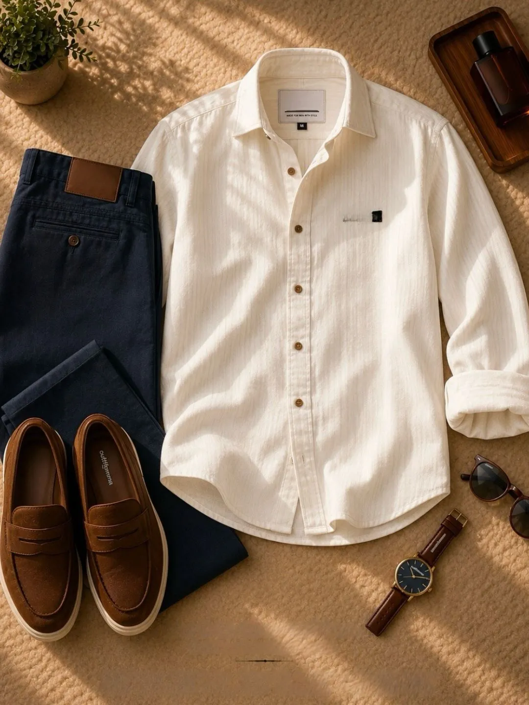 Men Olive Green Full-Sleeve Casual Shirt with Off-White Jeans and Brown Loafers Combo - Image 4