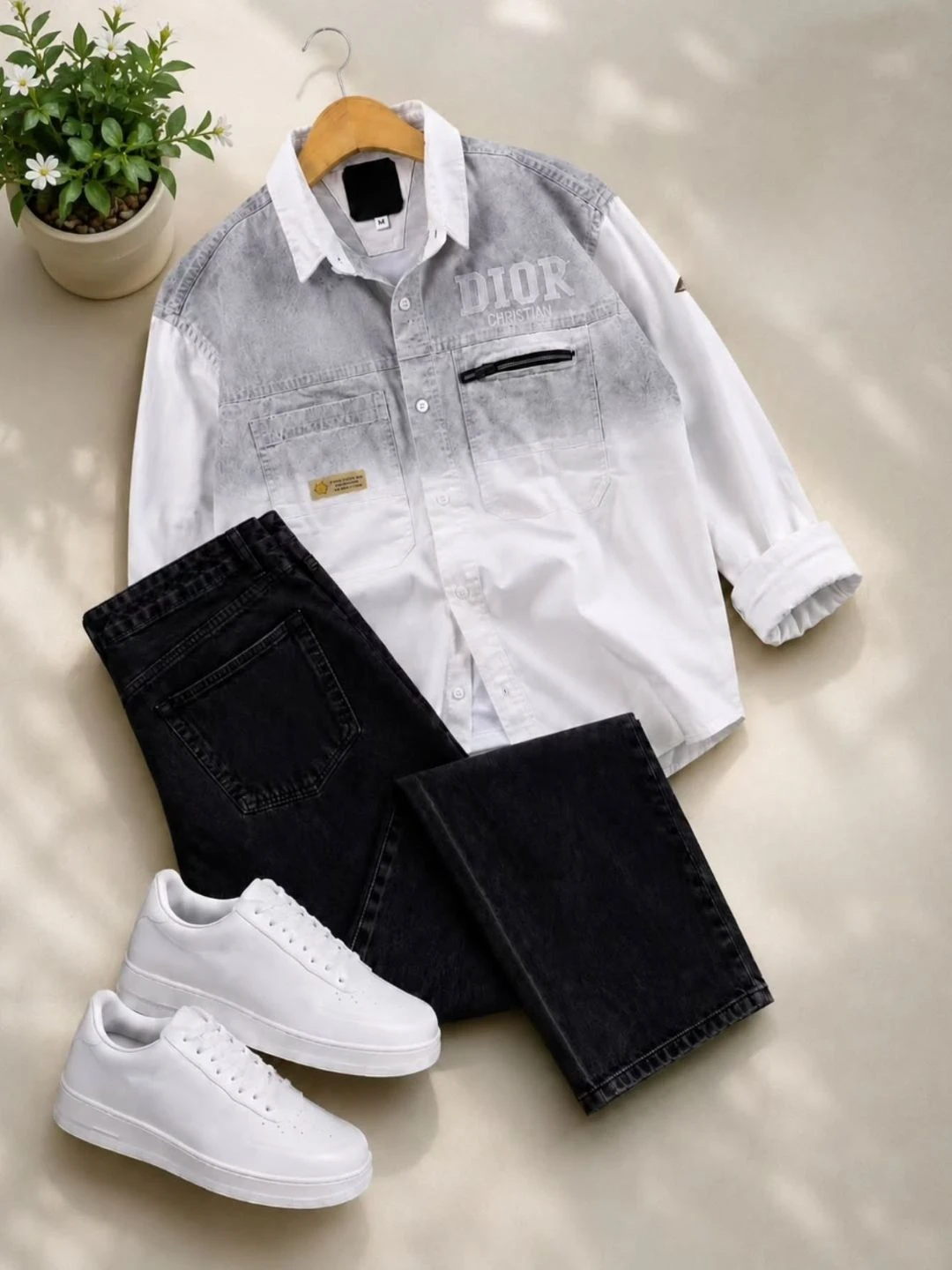 Long-Sleeve Shirt with Zipped Chest Pocket and Straight-Fit Jeans Ensemble