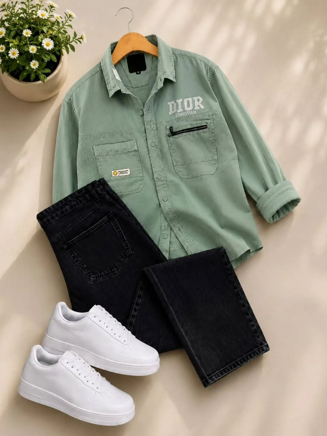 Long-Sleeve Shirt with Zipped Chest Pocket and Straight-Fit Jeans Ensemble - Image 2