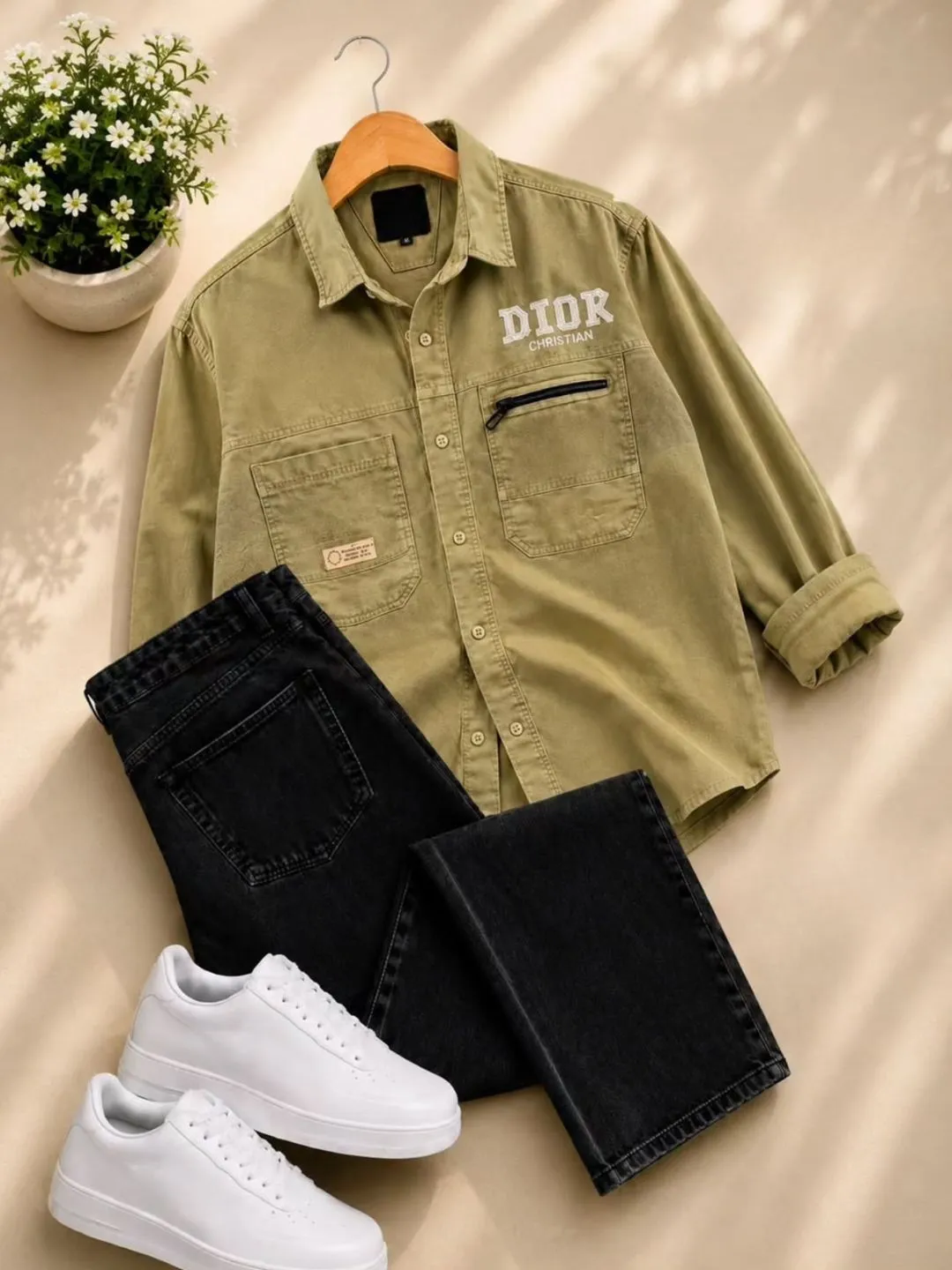 Long-Sleeve Shirt with Zipped Chest Pocket and Straight-Fit Jeans Ensemble - Image 3