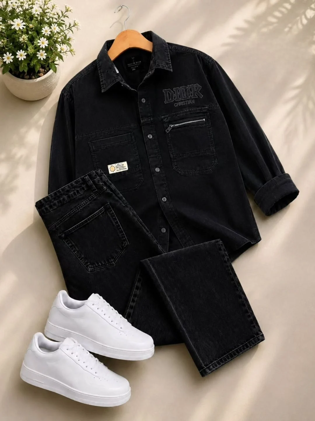 Long-Sleeve Shirt with Zipped Chest Pocket and Straight-Fit Jeans Ensemble - Image 4
