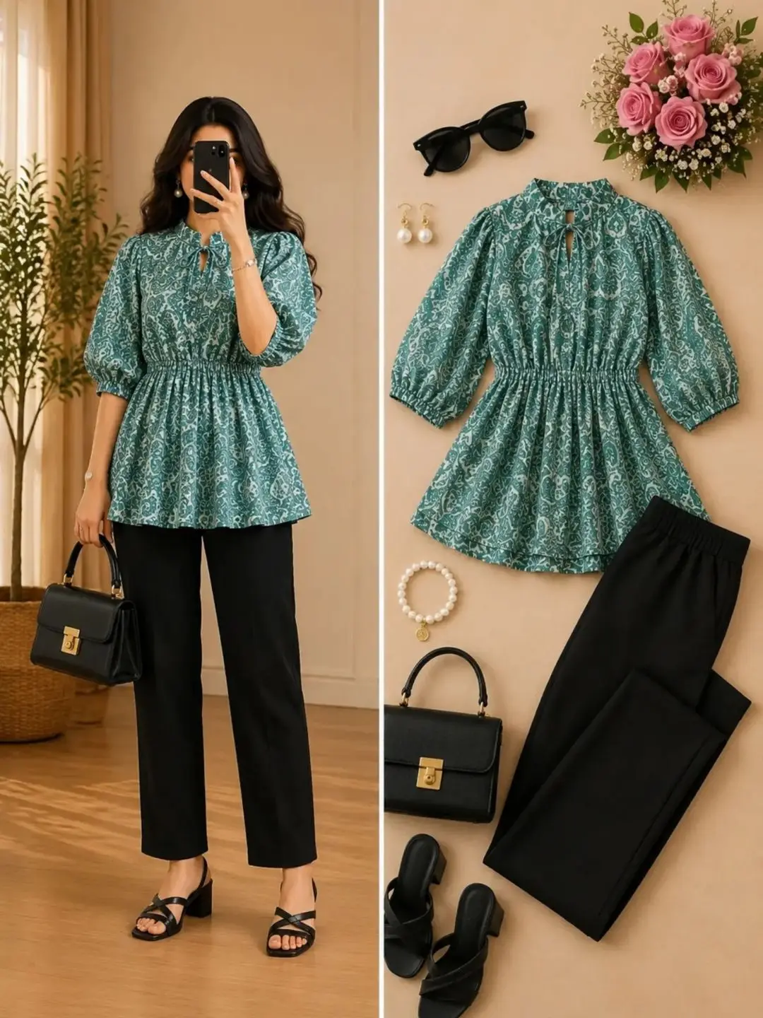 Women Teal Green Floral Printed Peplum top
