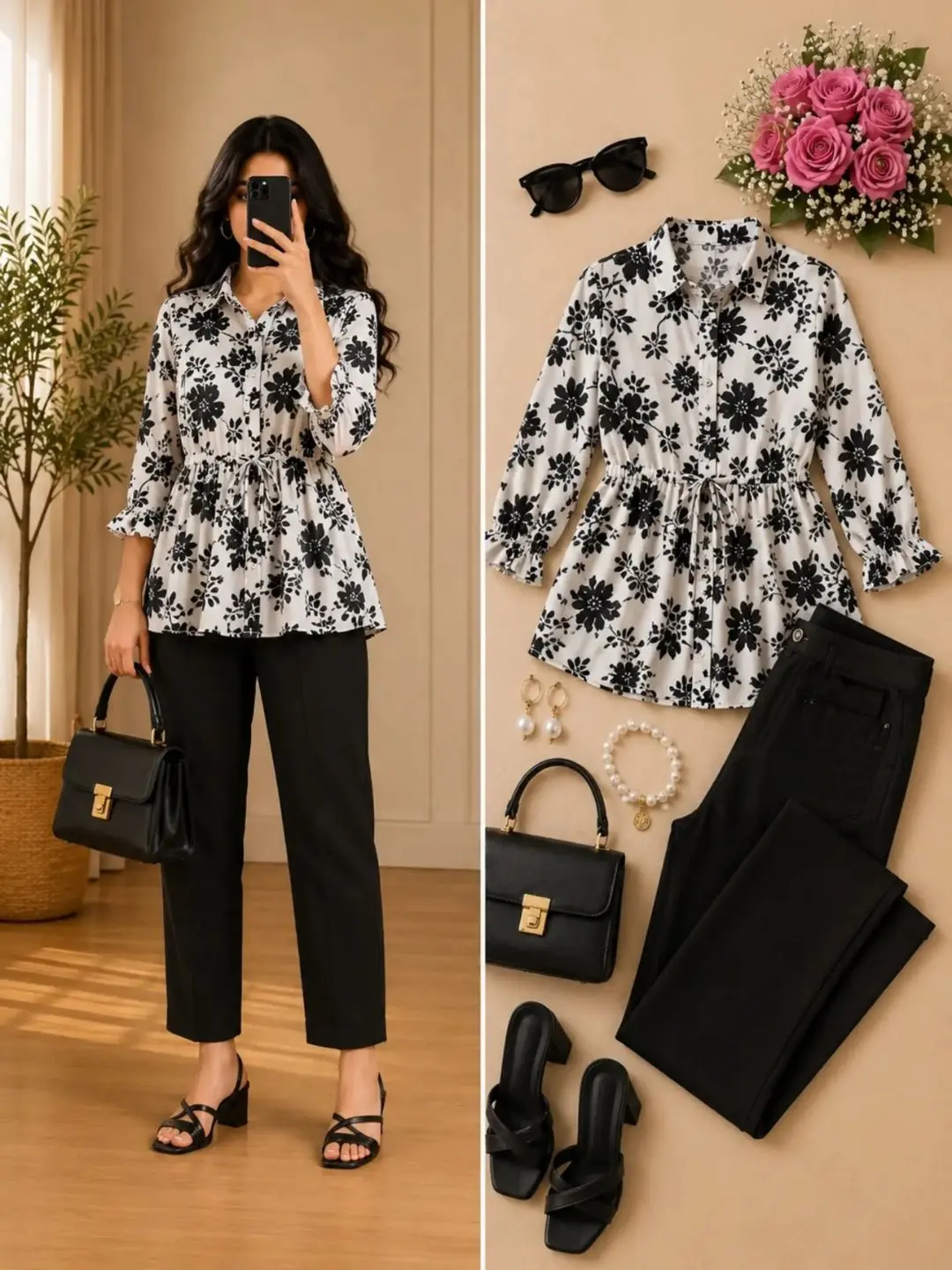Women Teal Green Floral Printed Peplum top - Image 6