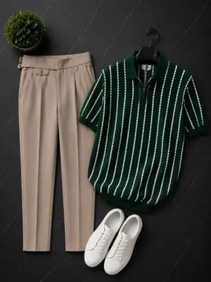 Men Green Vertical-Striped Knit Zip-Polo with Beige Trousers