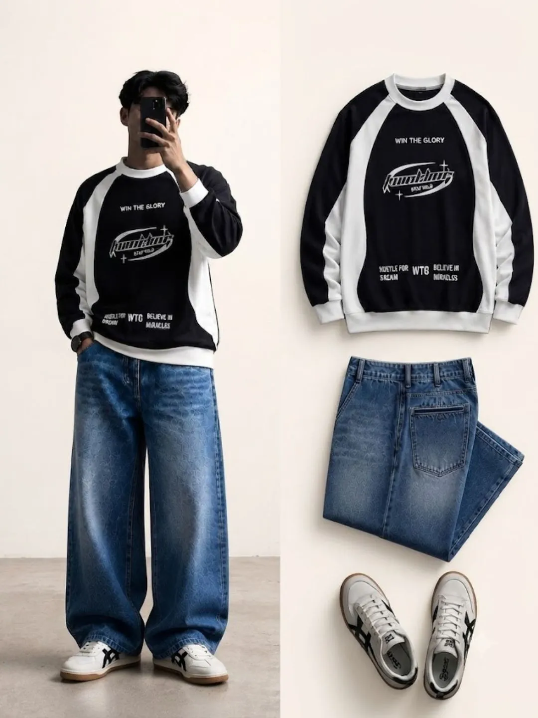Men Forest Green Long-Sleeve Polo with Light Blue Wide-Leg Jeans - Image 3