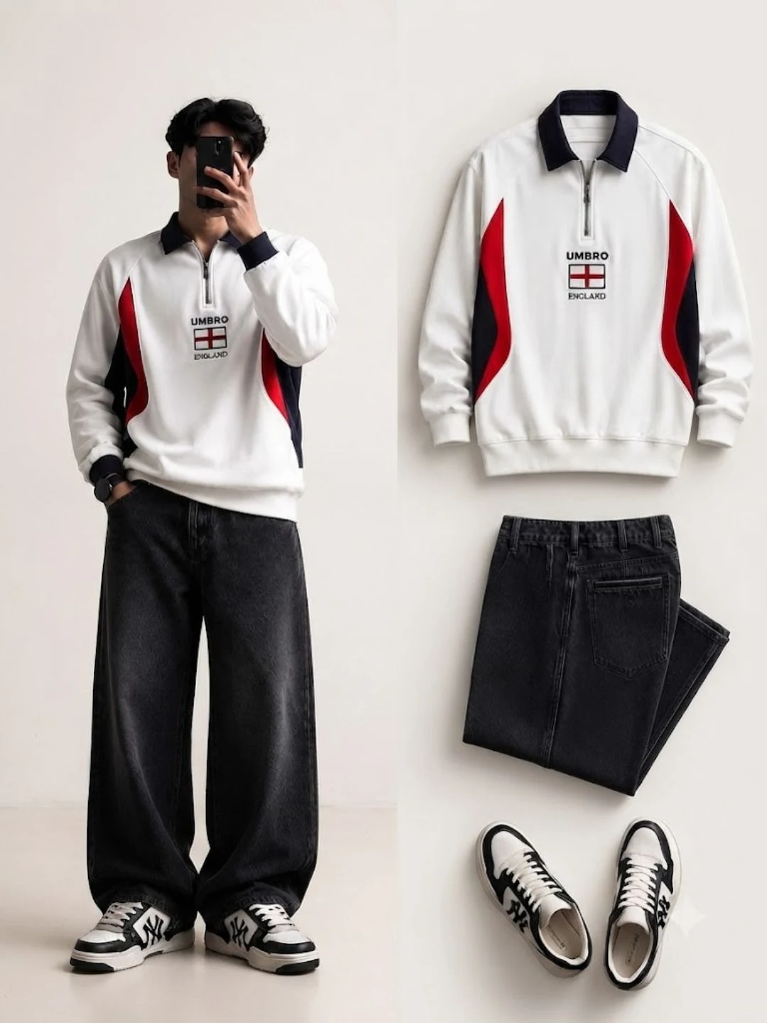 Men Forest Green Long-Sleeve Polo with Light Blue Wide-Leg Jeans - Image 2