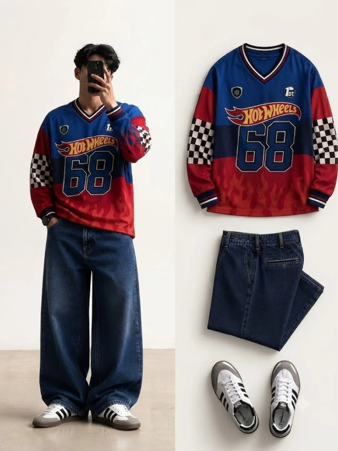Men Forest Green Long-Sleeve Polo with Light Blue Wide-Leg Jeans - Image 5