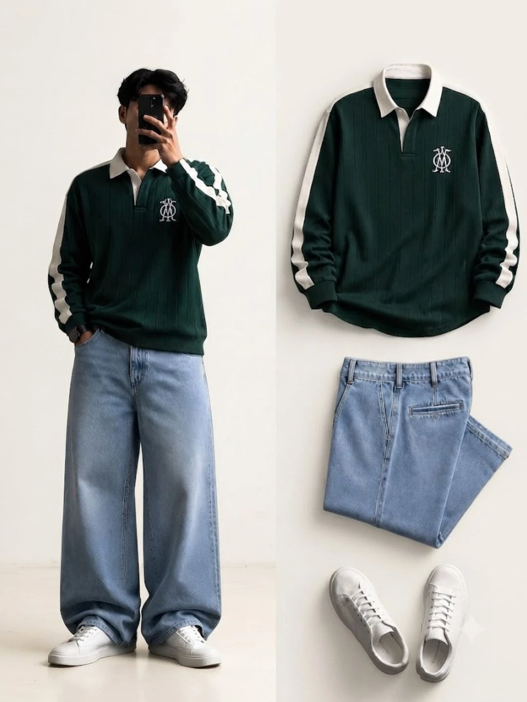Men Forest Green Long-Sleeve Polo with Light Blue Wide-Leg Jeans