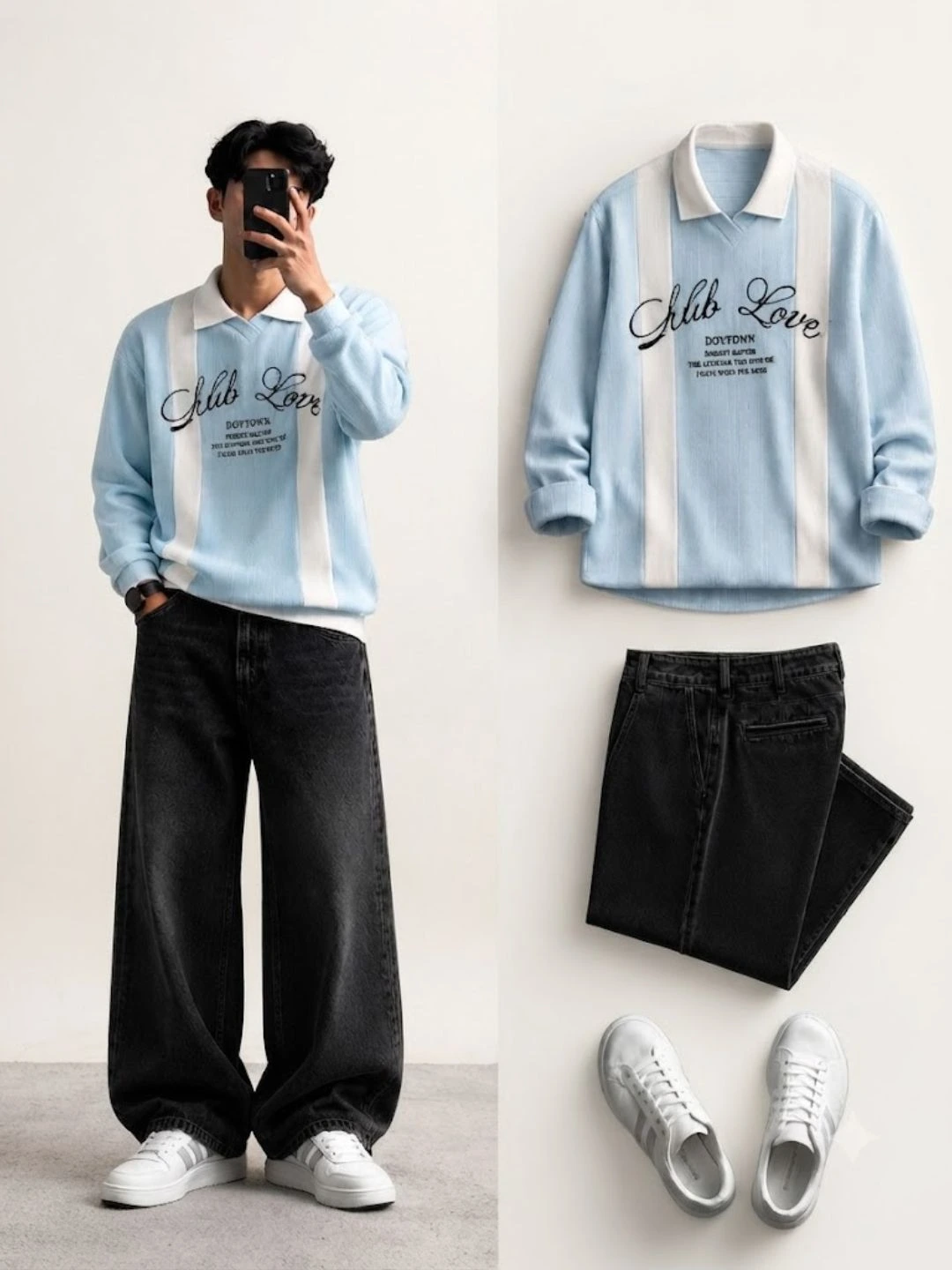Men Forest Green Long-Sleeve Polo with Light Blue Wide-Leg Jeans - Image 4