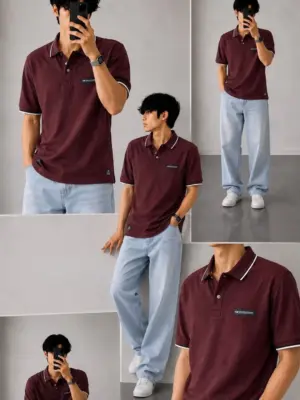 Men Maroon Short-Sleeve Polo Shirt with Light Blue Wide-Leg Jeans