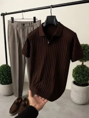 Men Ribbed Short-Sleeve Polo Shirt with Pleated Trousers and Loafers Complete Set