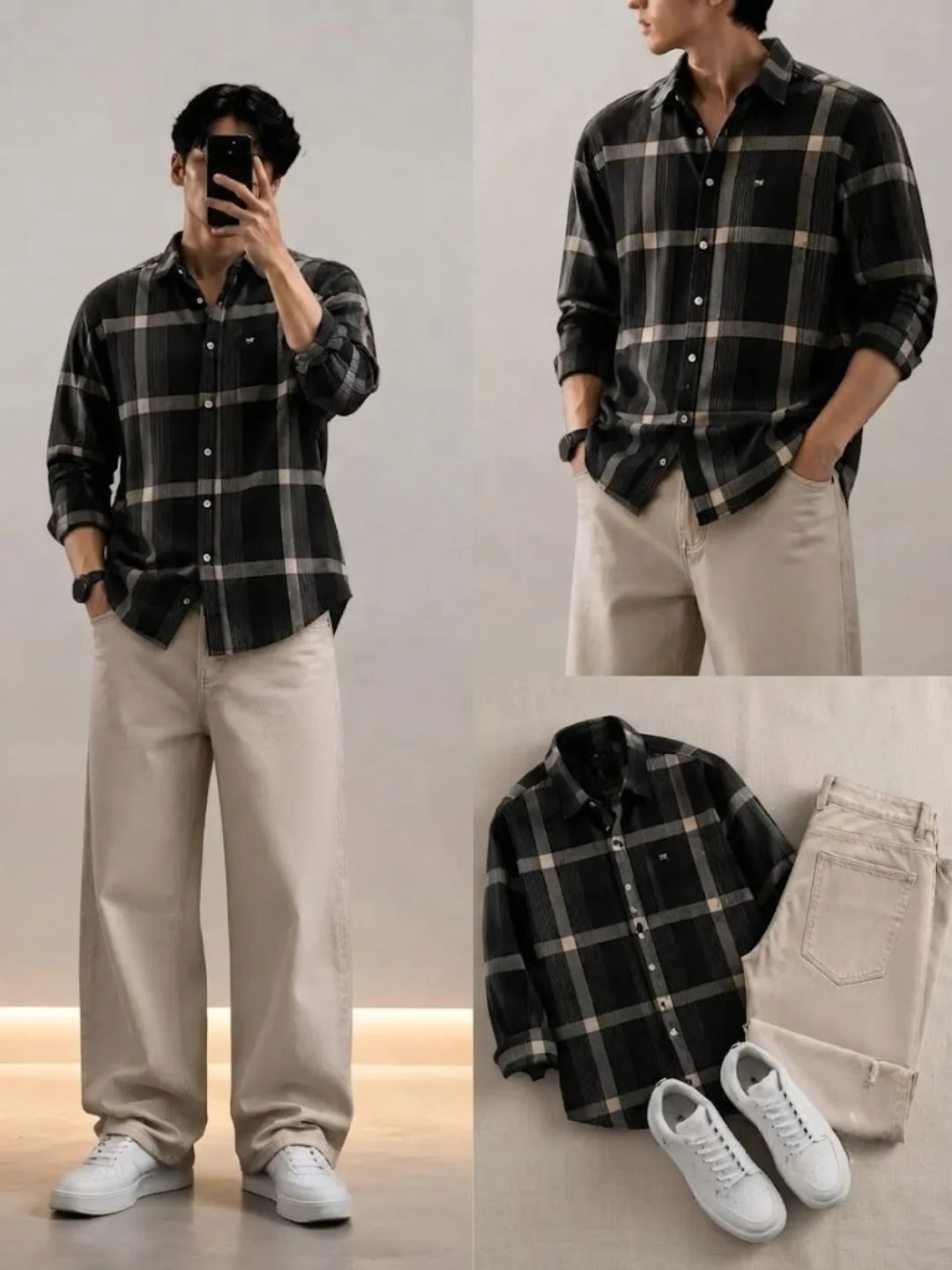 Men Plaid Long-Sleeve Button-Down Shirt with Neutral Jeans - Image 6