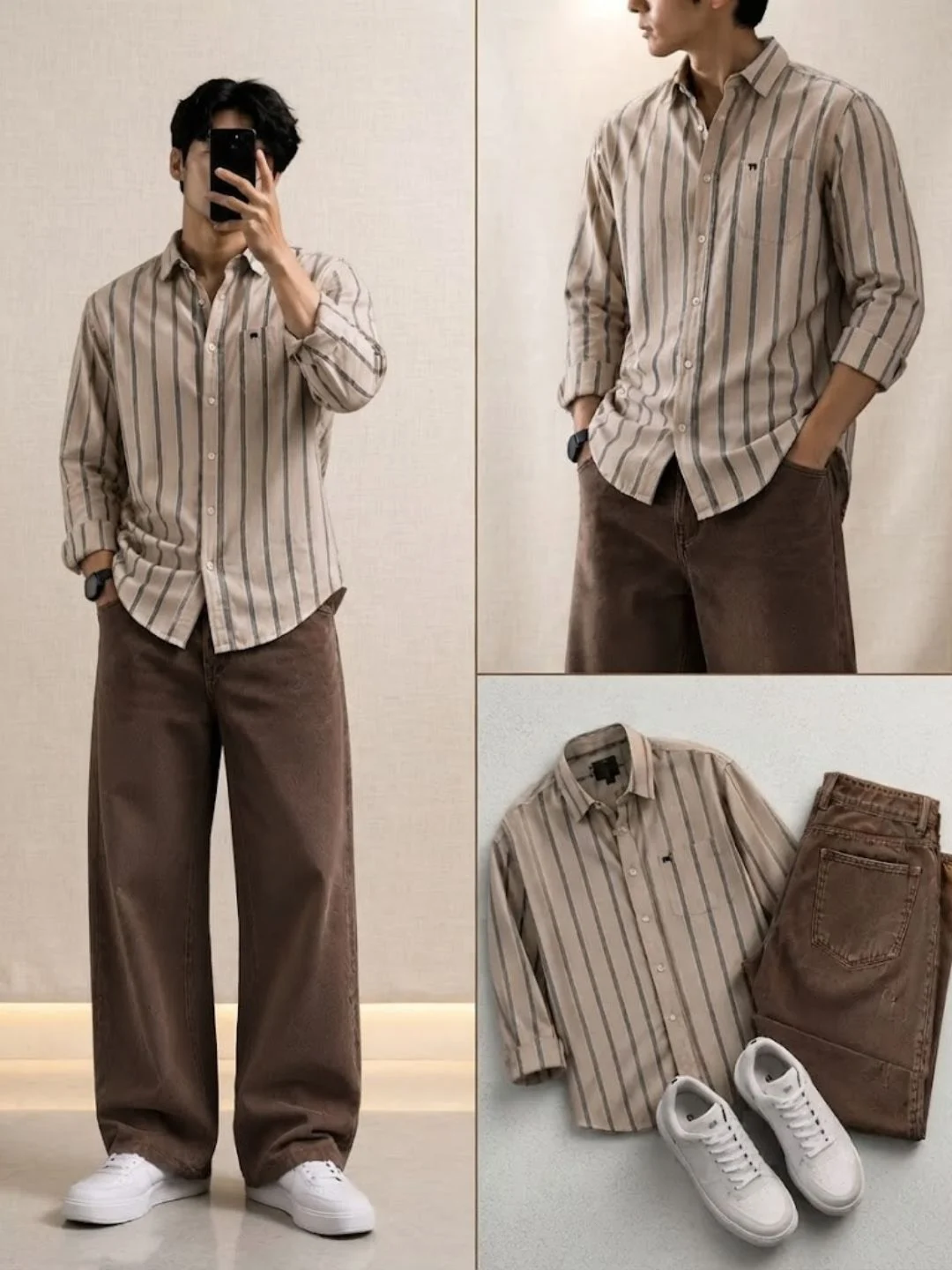 Men Plaid Long-Sleeve Button-Down Shirt with Neutral Jeans - Image 2