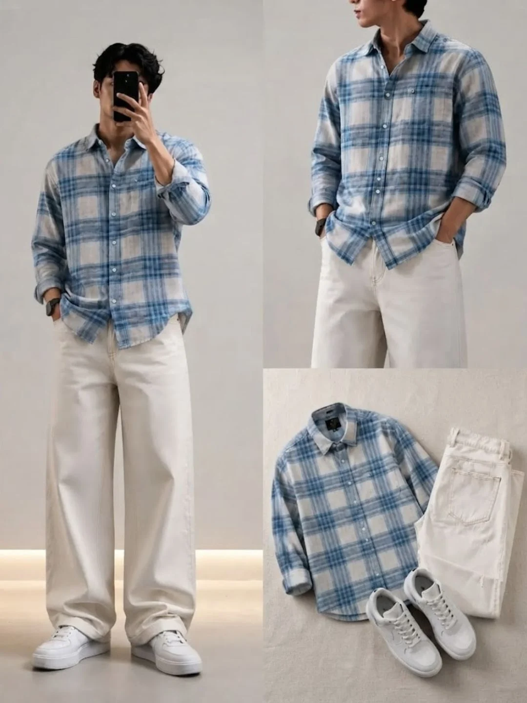 Men Plaid Long-Sleeve Button-Down Shirt with Neutral Jeans - Image 3