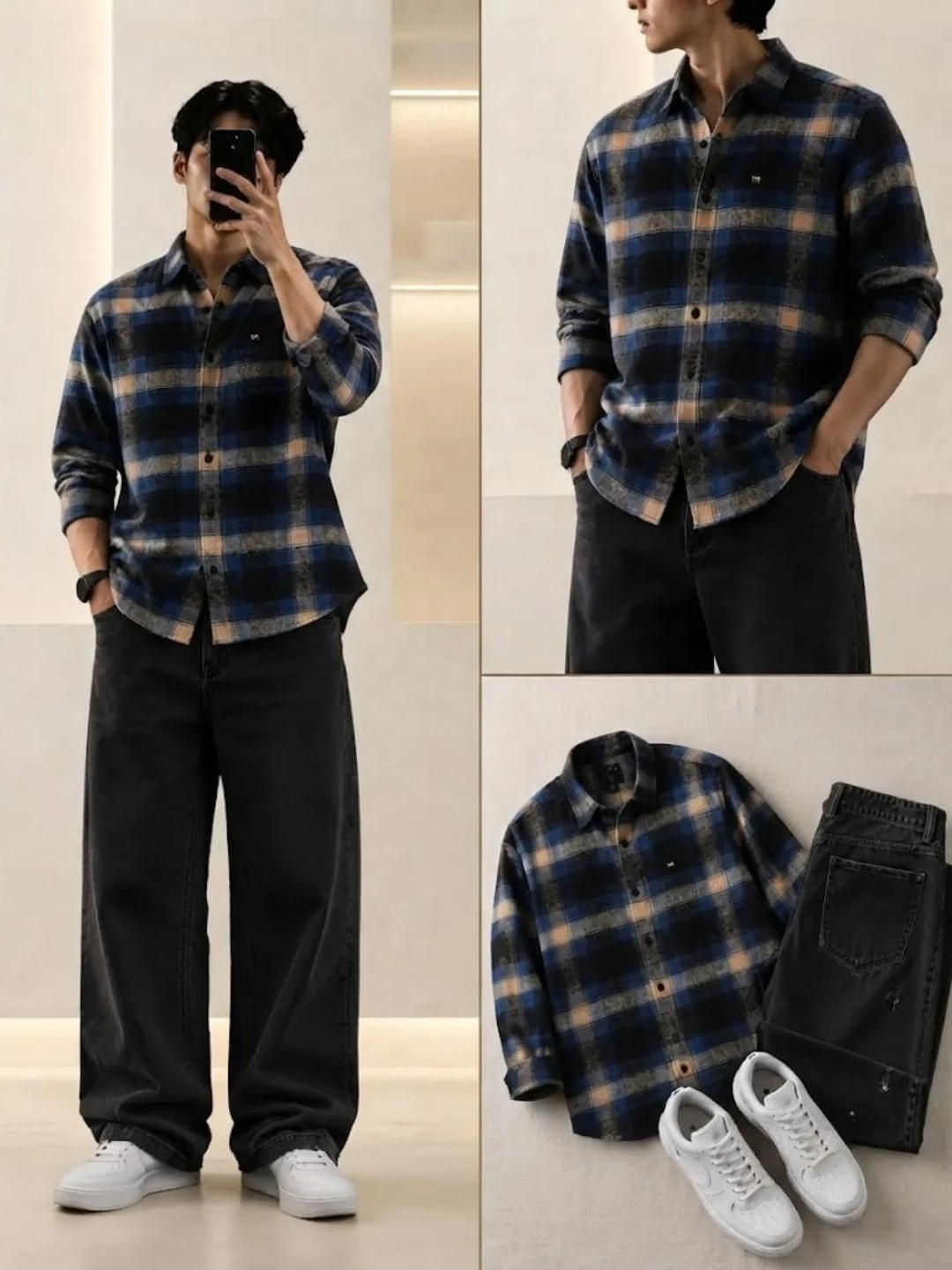 Men Plaid Long-Sleeve Button-Down Shirt with Neutral Jeans - Image 4