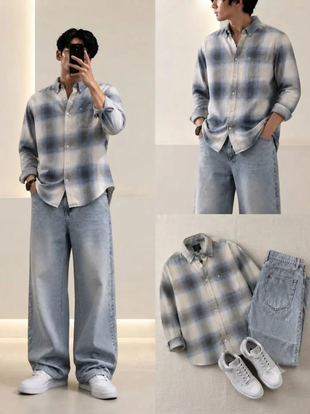Men Plaid Long-Sleeve Button-Down Shirt with Neutral Jeans - Image 5