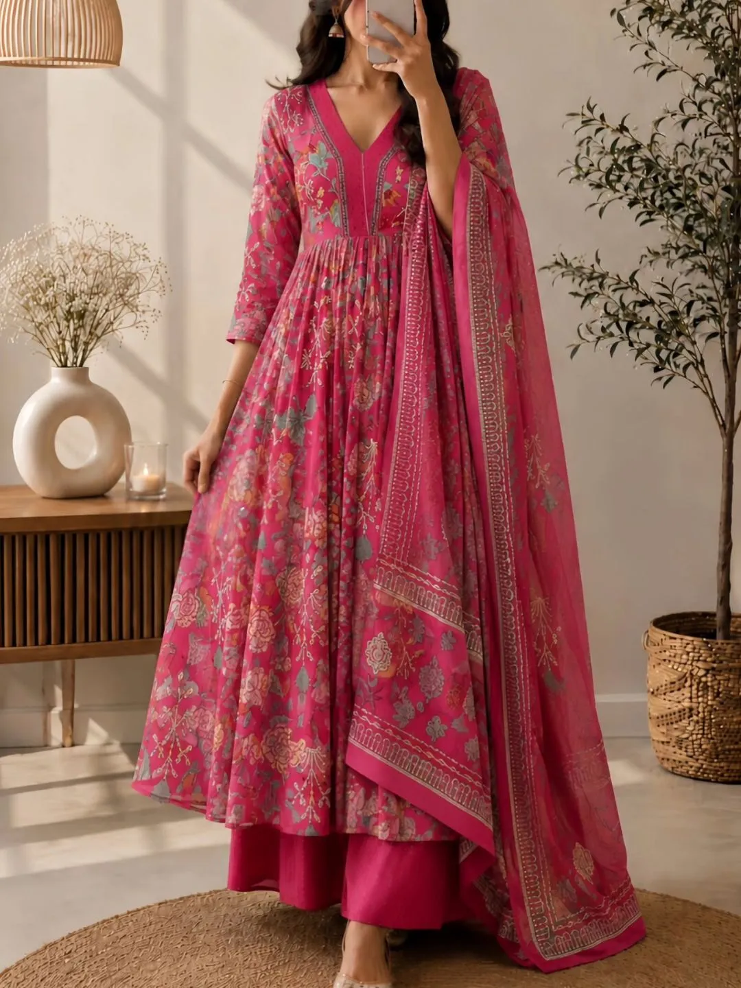 Women Flared Anarkali Kurta with Palazzo Pants and Printed Dupatta Festive Set - Image 3