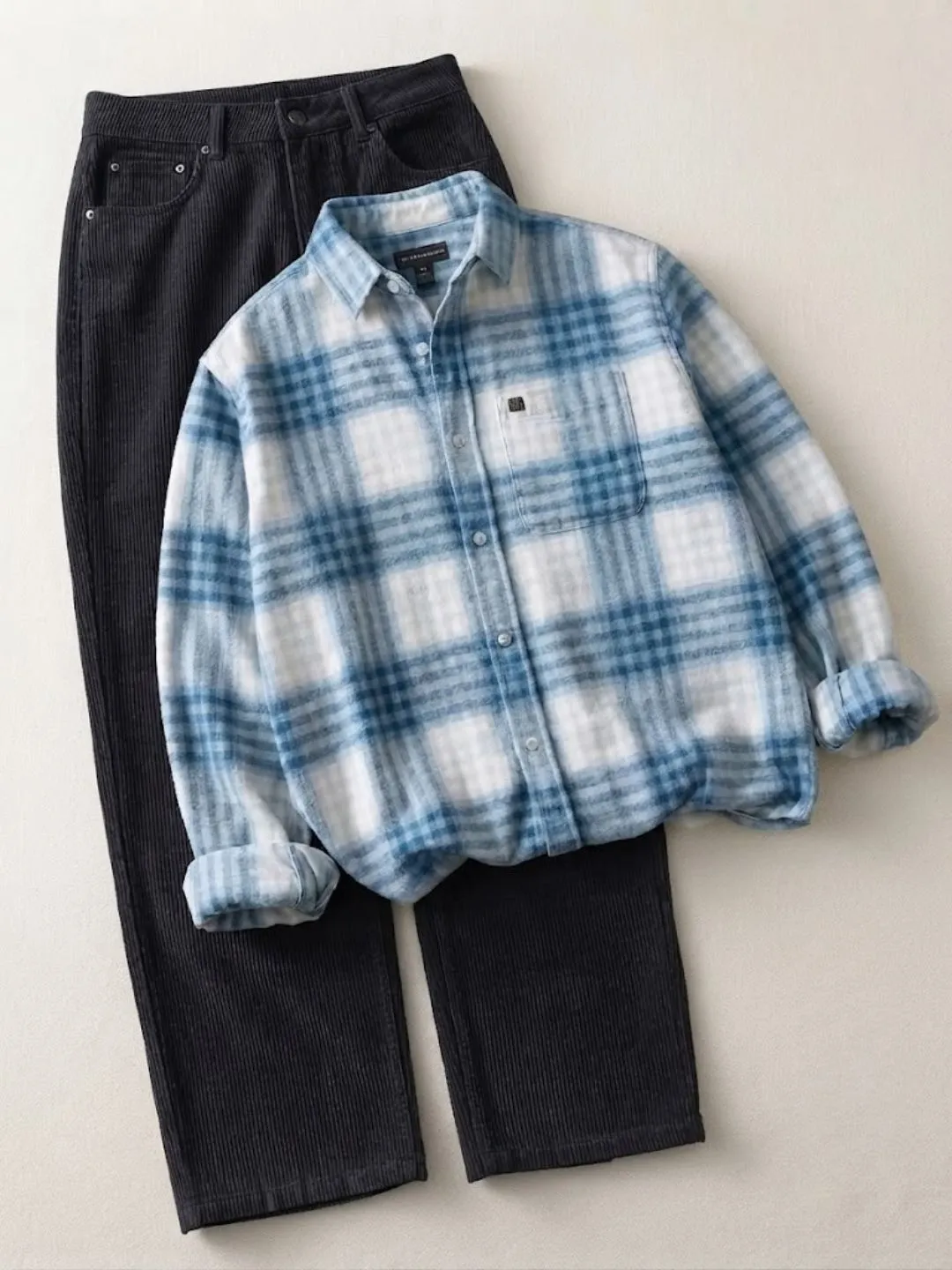 Men Checked Flannel Long-Sleeve Shirt with Dark Corduroy Trousers Combo - Image 4